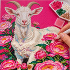 A hand placing drills on a white goat and pink peonies diamond painting canvas