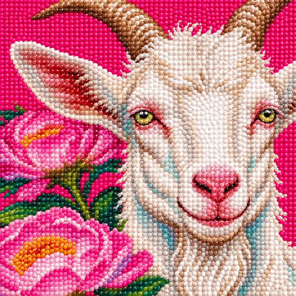 Close-up of drill details on the white goat and pink peony diamond painting