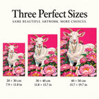 Three canvas size options for the white goat and pink peonies diamond painting: 20 by 30, 30 by 40, and 40 by 50 cm