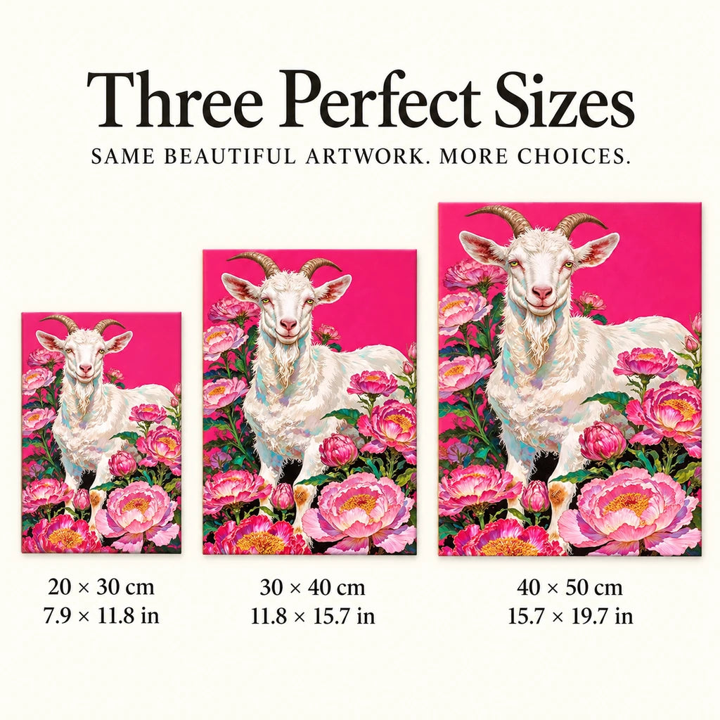 Three canvas size options for the white goat and pink peonies diamond painting: 20 by 30, 30 by 40, and 40 by 50 cm