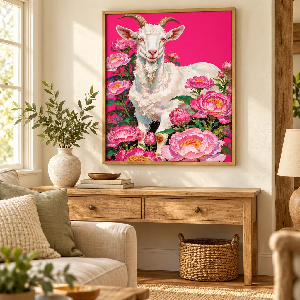 Framed white goat among pink peonies diamond painting displayed in a home interior