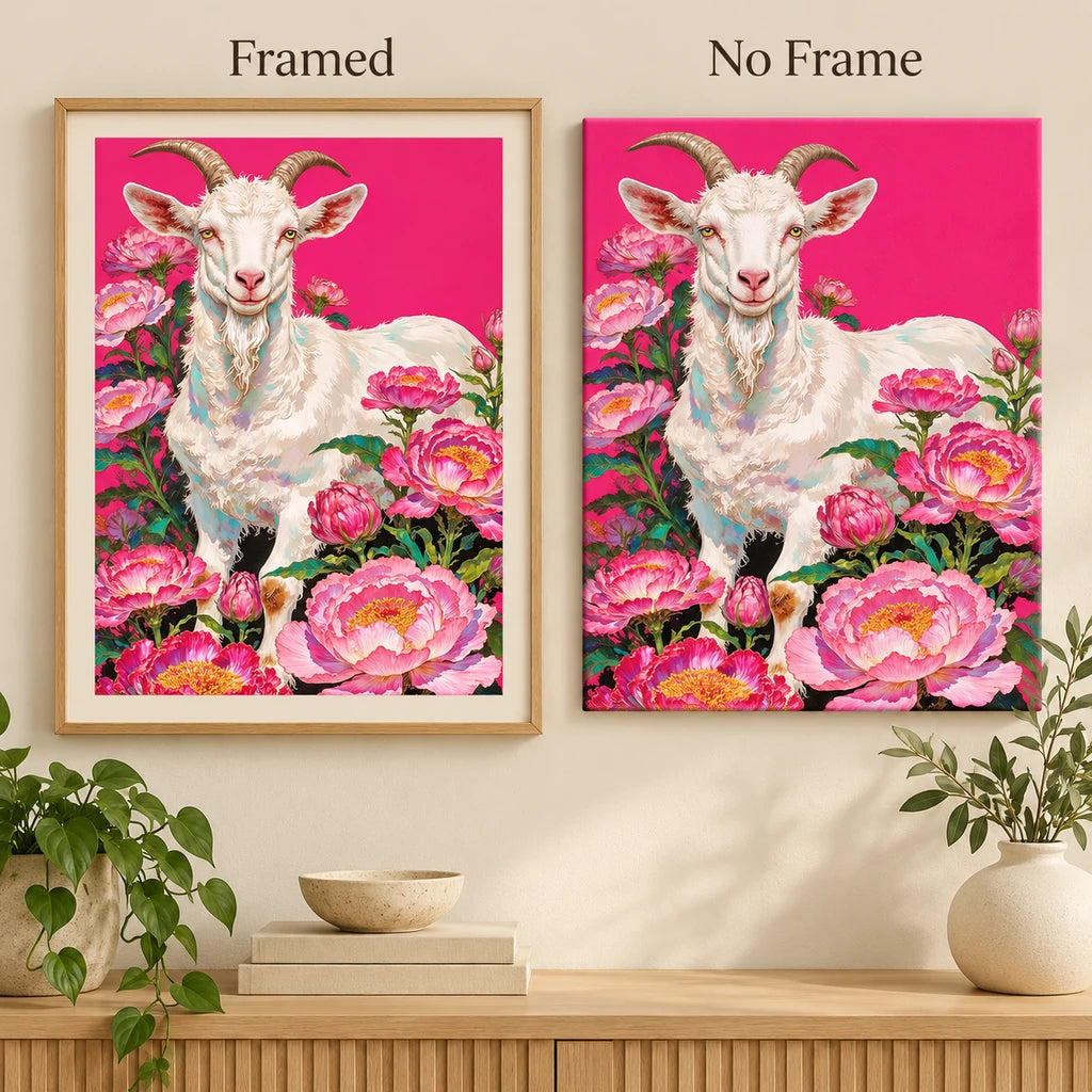 Framed and no-frame styles of the white goat and pink peonies diamond painting