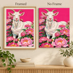 Framed and no-frame styles of the white goat and pink peonies diamond painting