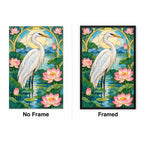 White Heron Lotus Pond Diamond Painting Kit — No Frame and Framed style comparison