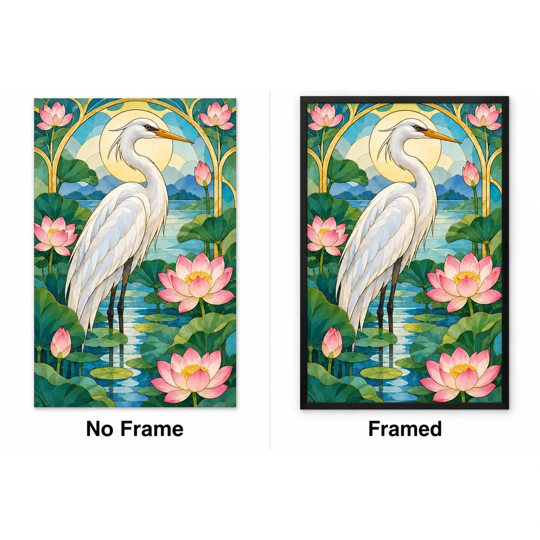 White Heron Lotus Pond Diamond Painting Kit — No Frame and Framed style comparison