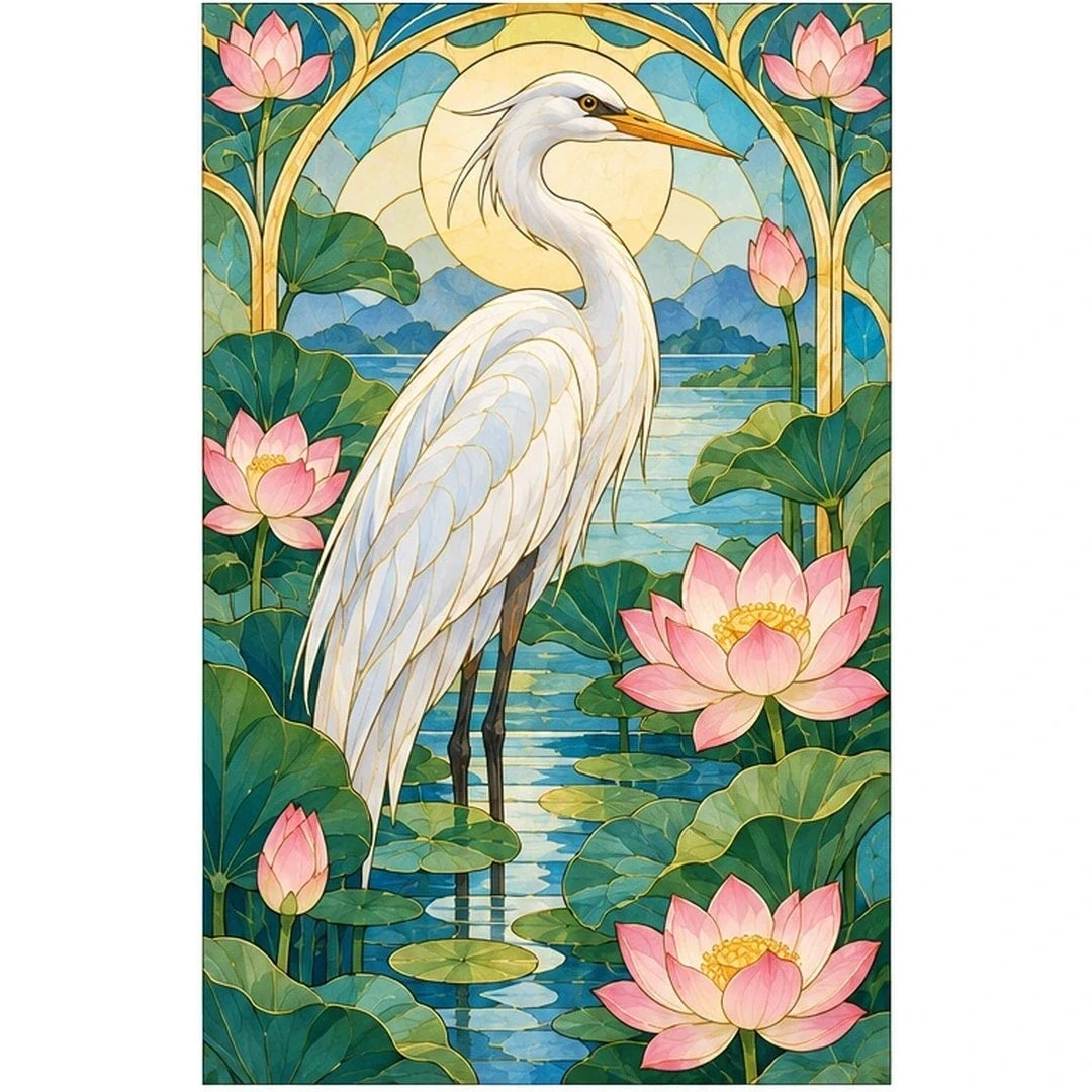 White Heron Lotus Pond Diamond Painting Kit — original white-background artwork