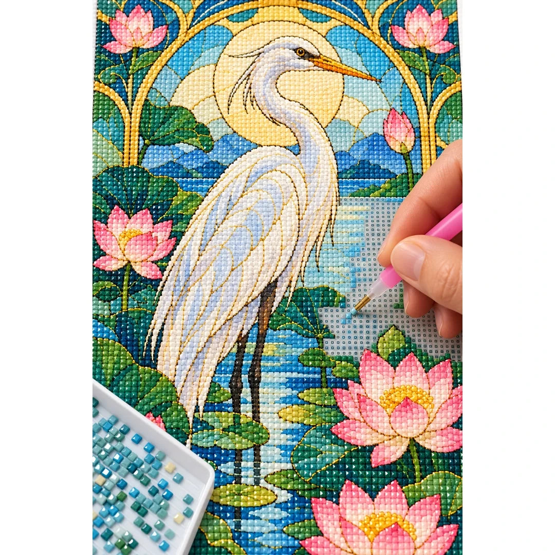 White Heron Lotus Pond Diamond Painting Kit — diamond painting application process