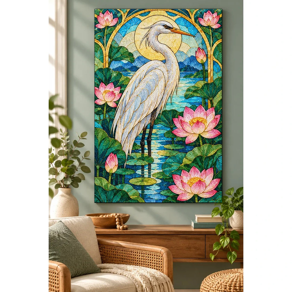 White Heron Lotus Pond Diamond Painting Kit — finished diamond painting in a home setting