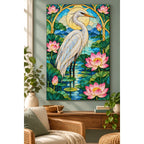 White Heron Lotus Pond Diamond Painting Kit — finished diamond painting in a home setting