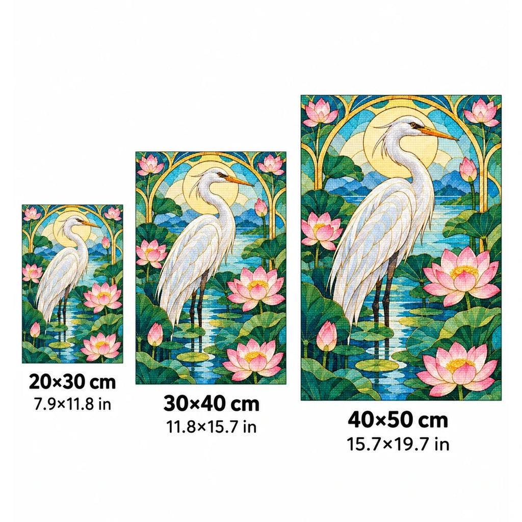 White Heron Lotus Pond Diamond Painting Kit — 20 by 30, 30 by 40, and 40 by 50 centimeter size guide