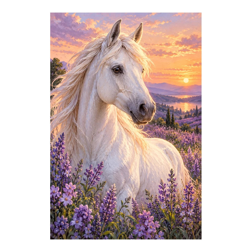 White Horse Among Lavender Wildflowers Diamond Painting Kit — Original white-background artwork