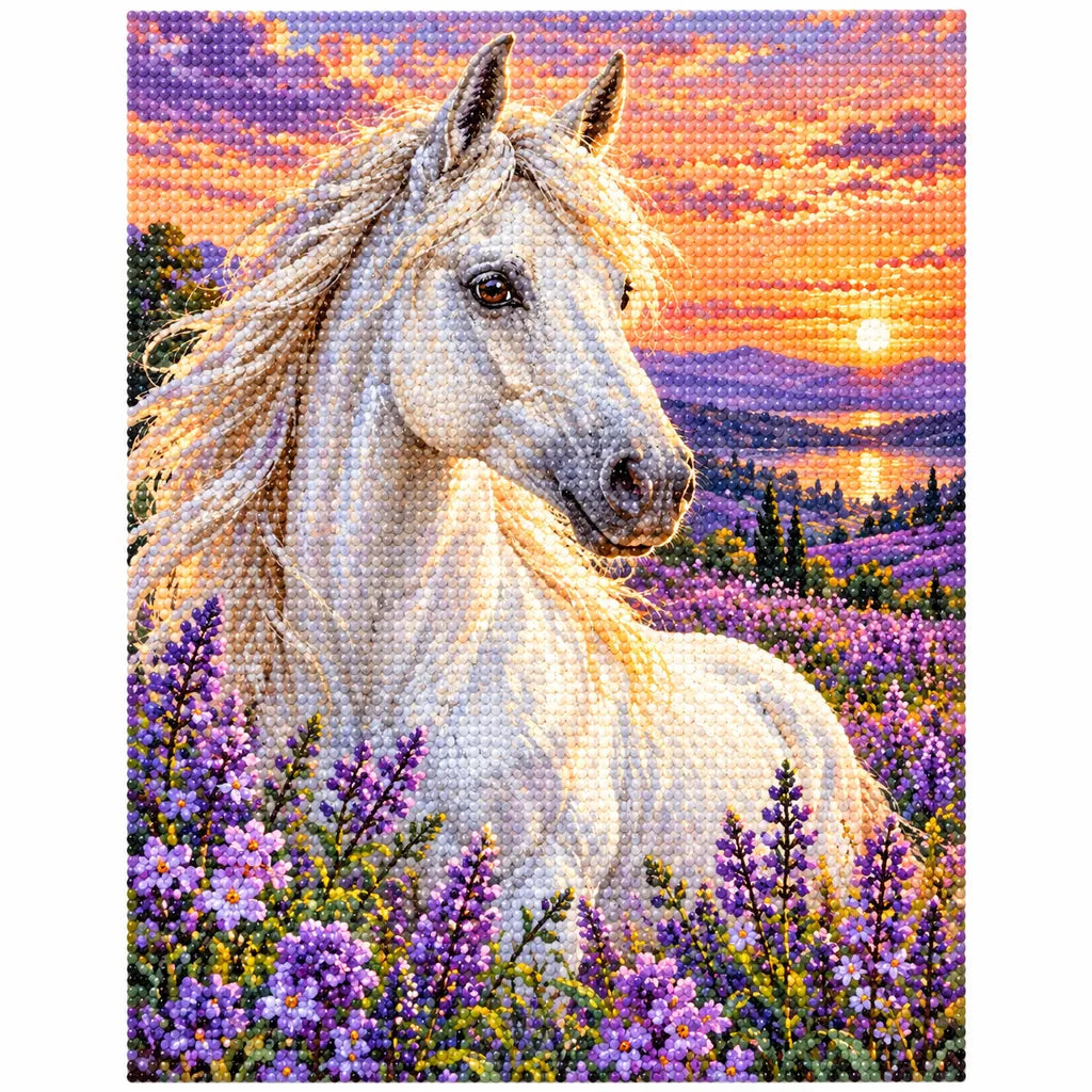 White Horse Among Lavender Wildflowers Diamond Painting Kit — Finished white-background diamond painting