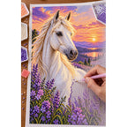 White Horse Among Lavender Wildflowers Diamond Painting Kit — Diamond painting process