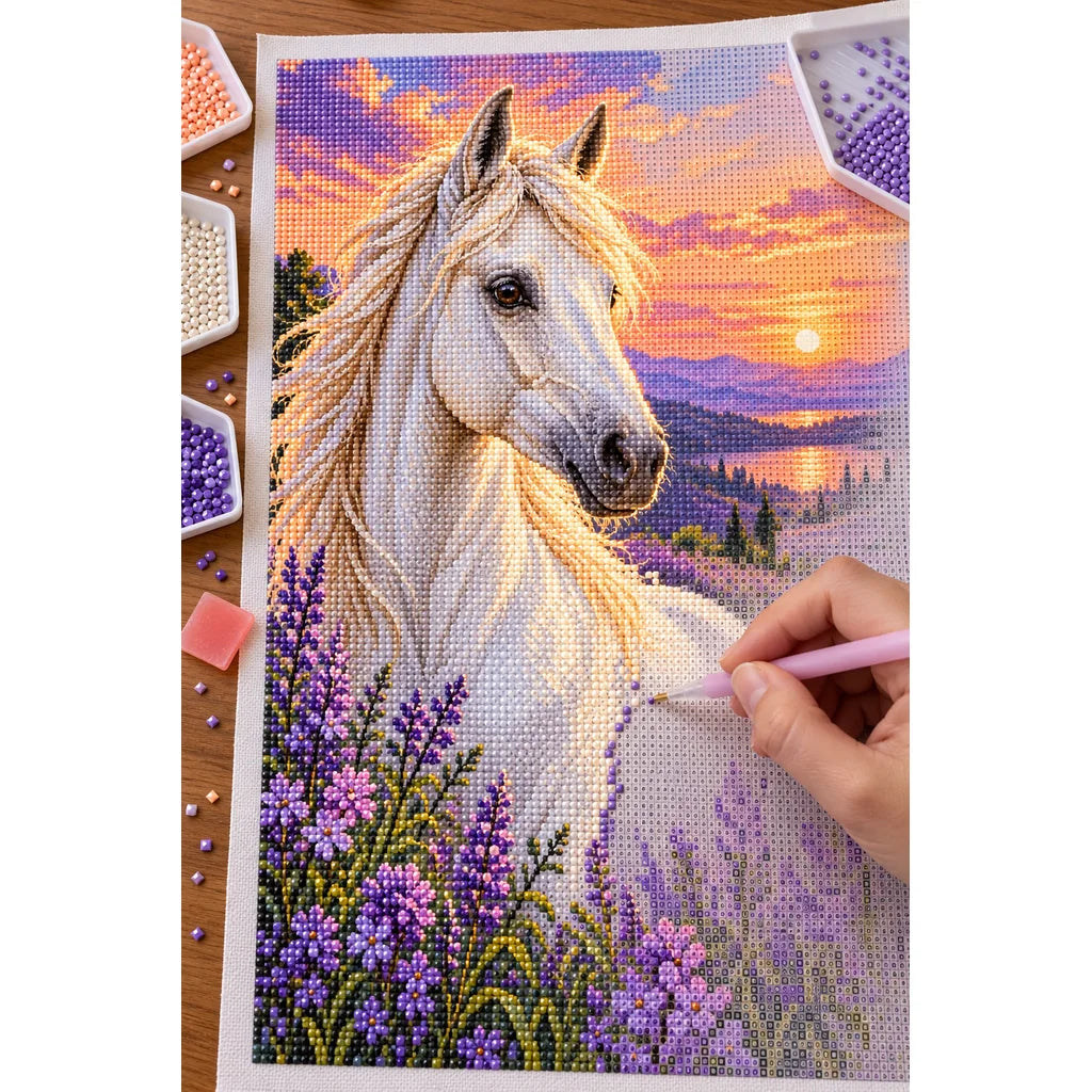 White Horse Among Lavender Wildflowers Diamond Painting Kit — Diamond painting process