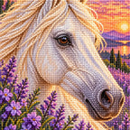 White Horse Among Lavender Wildflowers Diamond Painting Kit — Diamond and canvas detail