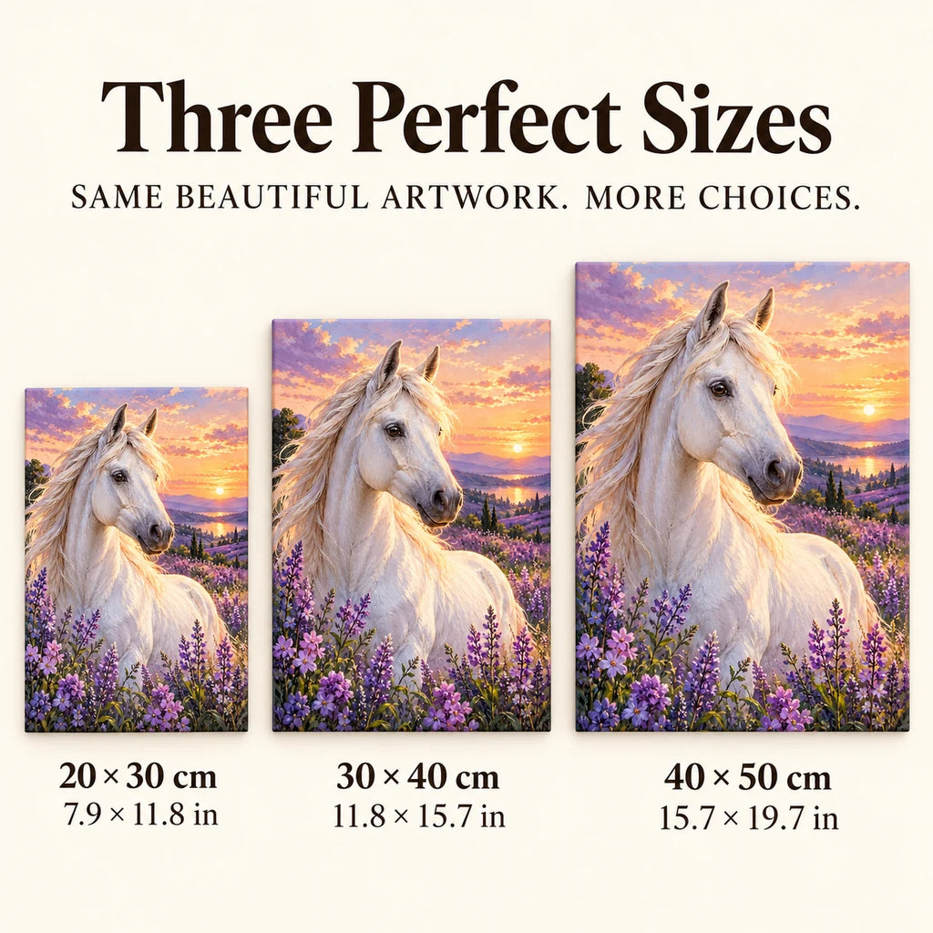 White Horse Among Lavender Wildflowers Diamond Painting Kit — Size guide