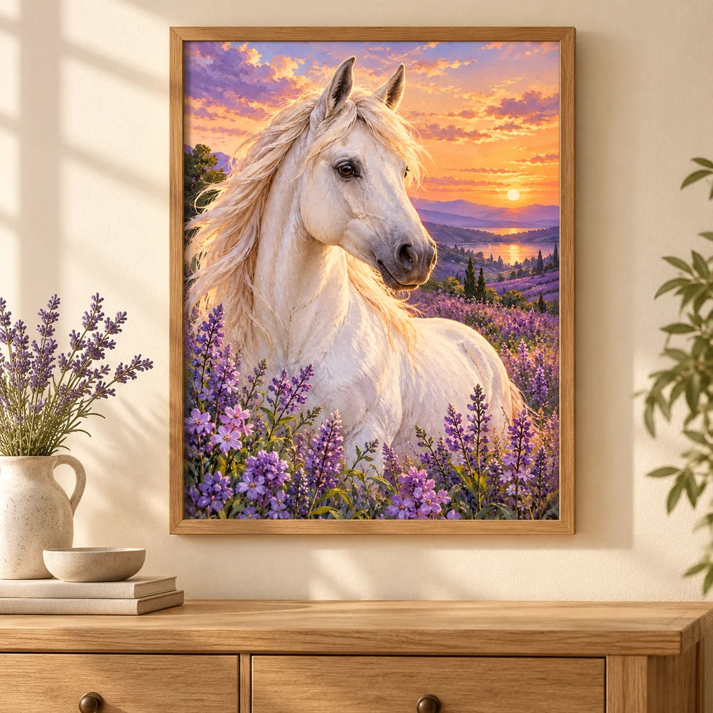 White Horse Among Lavender Wildflowers Diamond Painting Kit — Home decor scene
