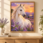 White Horse Among Lavender Wildflowers Diamond Painting Kit — Home decor scene