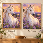 White Horse Among Lavender Wildflowers Diamond Painting Kit — Framed and no-frame comparison