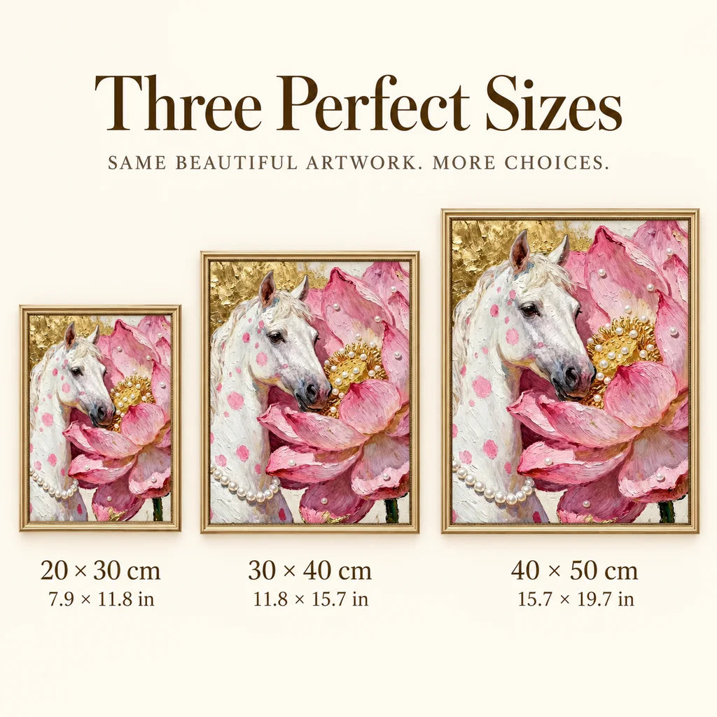 White Horse Among Pink Blossoms: sizes