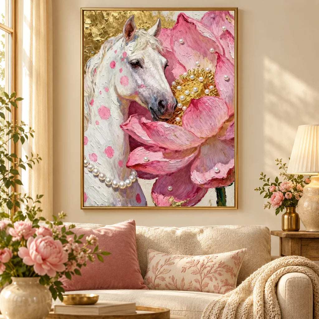 White Horse Among Pink Blossoms: scene