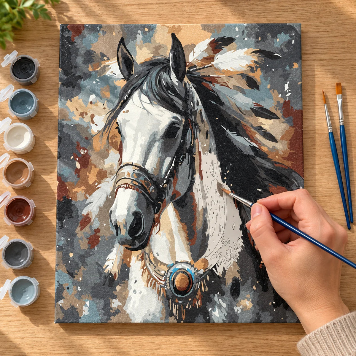 Complete White Horse Portrait numbered canvas being painted with acrylic paints and brushes