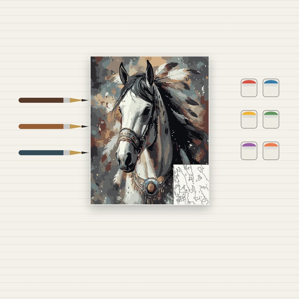 Complete White Horse Portrait numbered canvas being painted with acrylic paints and brushes