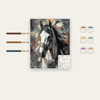 Complete White Horse Portrait numbered canvas being painted with acrylic paints and brushes