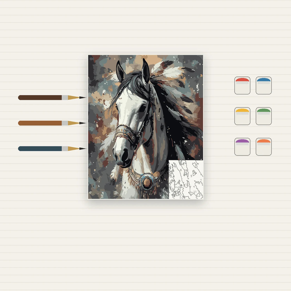 Complete White Horse Portrait numbered canvas being painted with acrylic paints and brushes