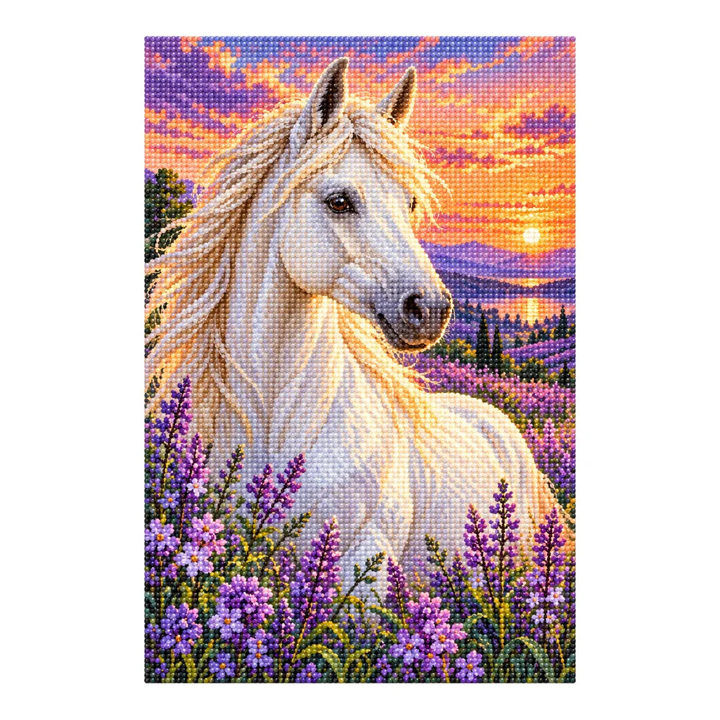 White Horse Among Lavender Wildflowers Diamond Painting Kit — Finished white-background diamond painting