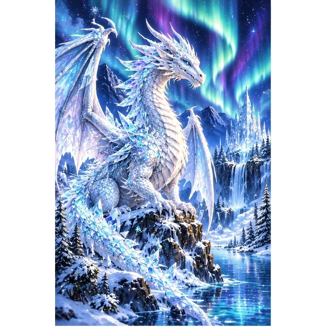 White Ice Dragon Northern Lights — original artwork on a clean white background