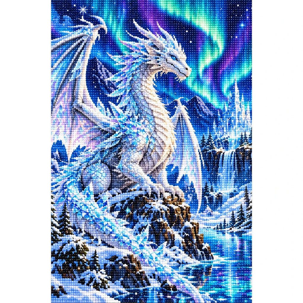 White Ice Dragon Northern Lights — finished diamond painting on a white background