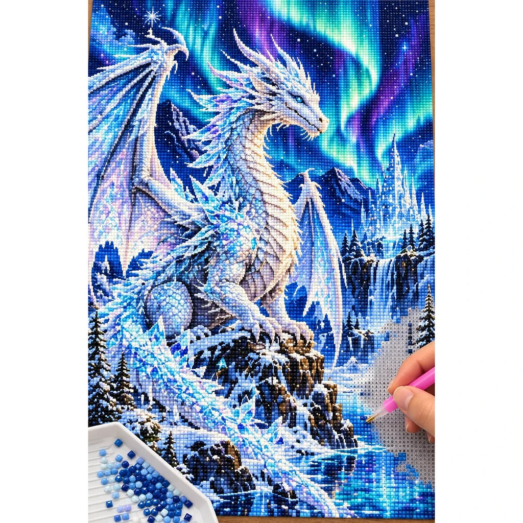 White Ice Dragon Northern Lights — diamond painting process with applicator pen
