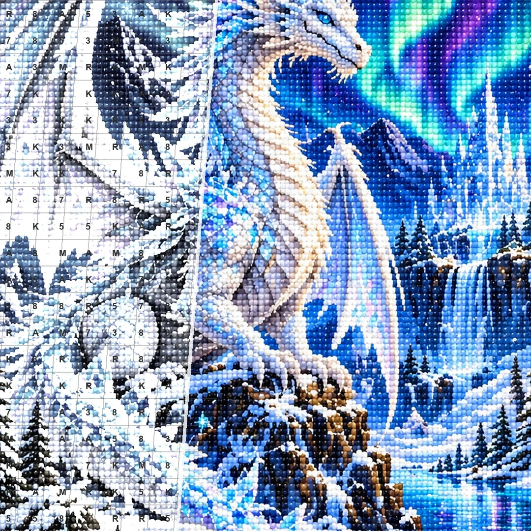 White Ice Dragon Northern Lights — close-up canvas and resin drill detail