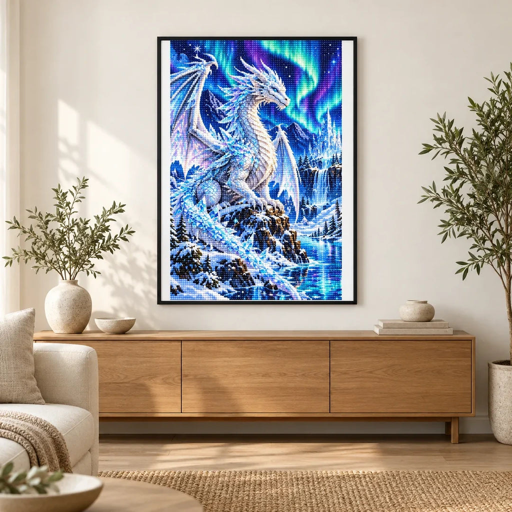 White Ice Dragon Northern Lights — finished diamond painting displayed in a home interior