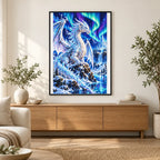 White Ice Dragon Northern Lights — finished diamond painting displayed in a home interior