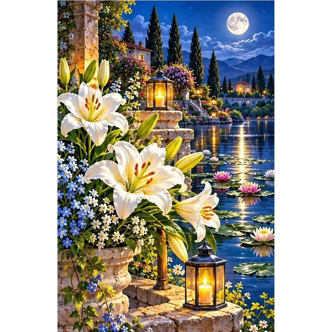 White Lilies Moonlit Pond — original artwork on a clean white background