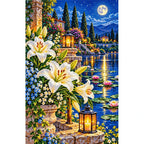 White Lilies Moonlit Pond — finished diamond painting on a white background