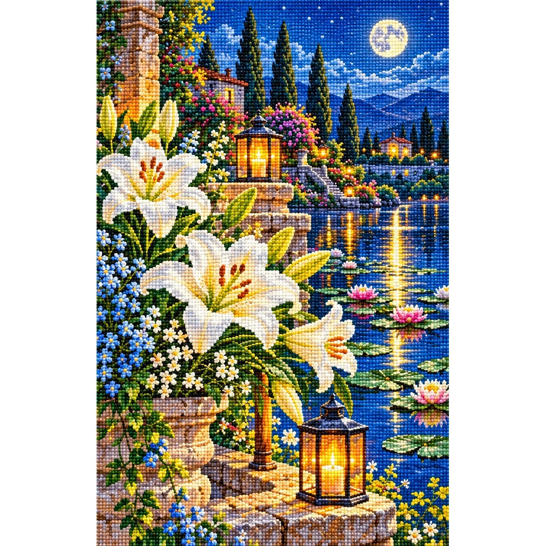 White Lilies Moonlit Pond — finished diamond painting on a white background