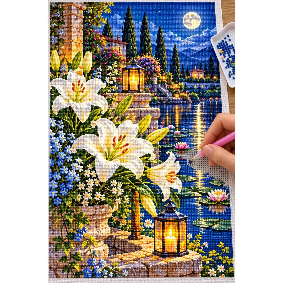 White Lilies Moonlit Pond — diamond painting process with applicator pen