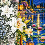 White Lilies Moonlit Pond — close-up canvas and resin drill detail