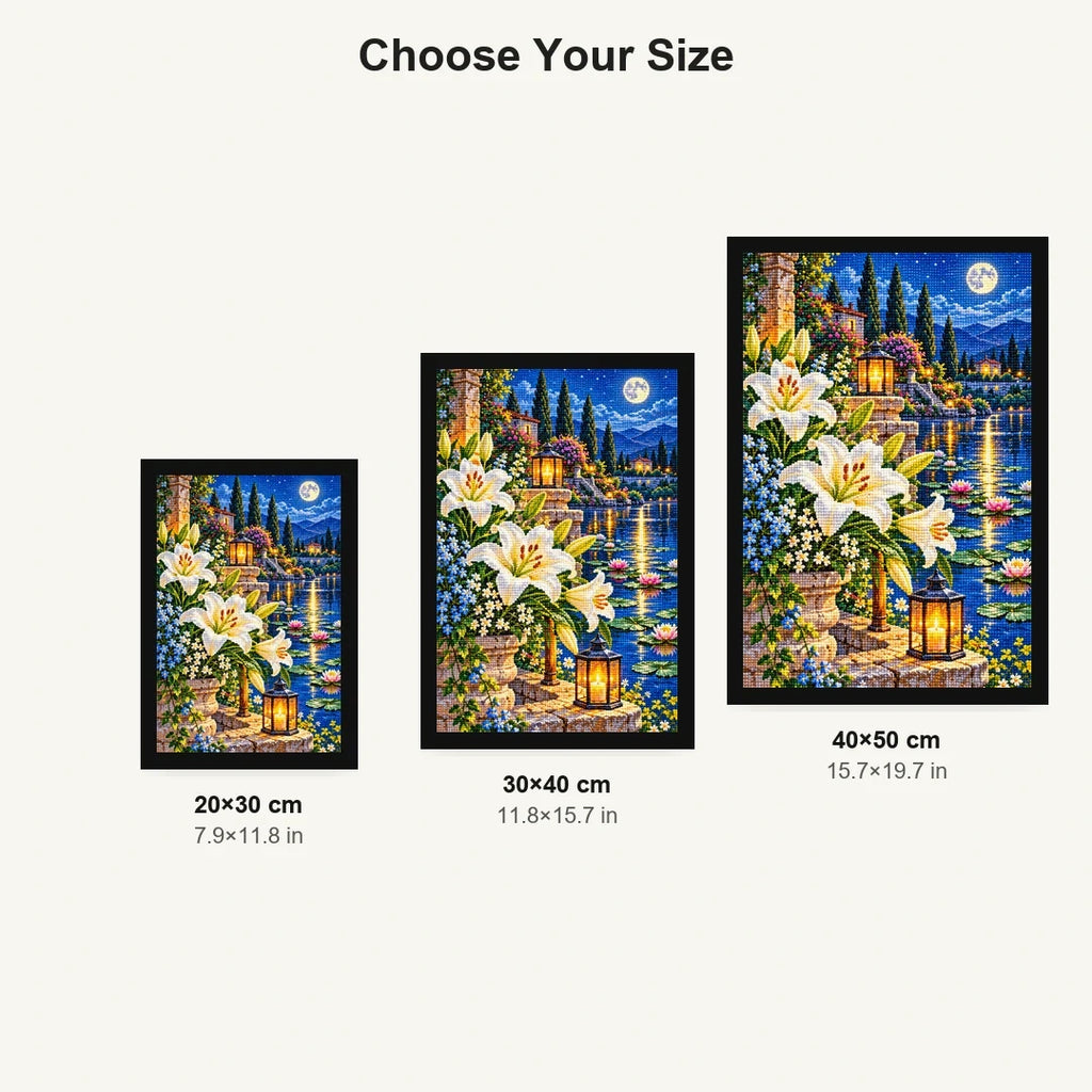 White Lilies Moonlit Pond — size comparison for 20 × 30, 30 × 40 and 40 × 50 cm