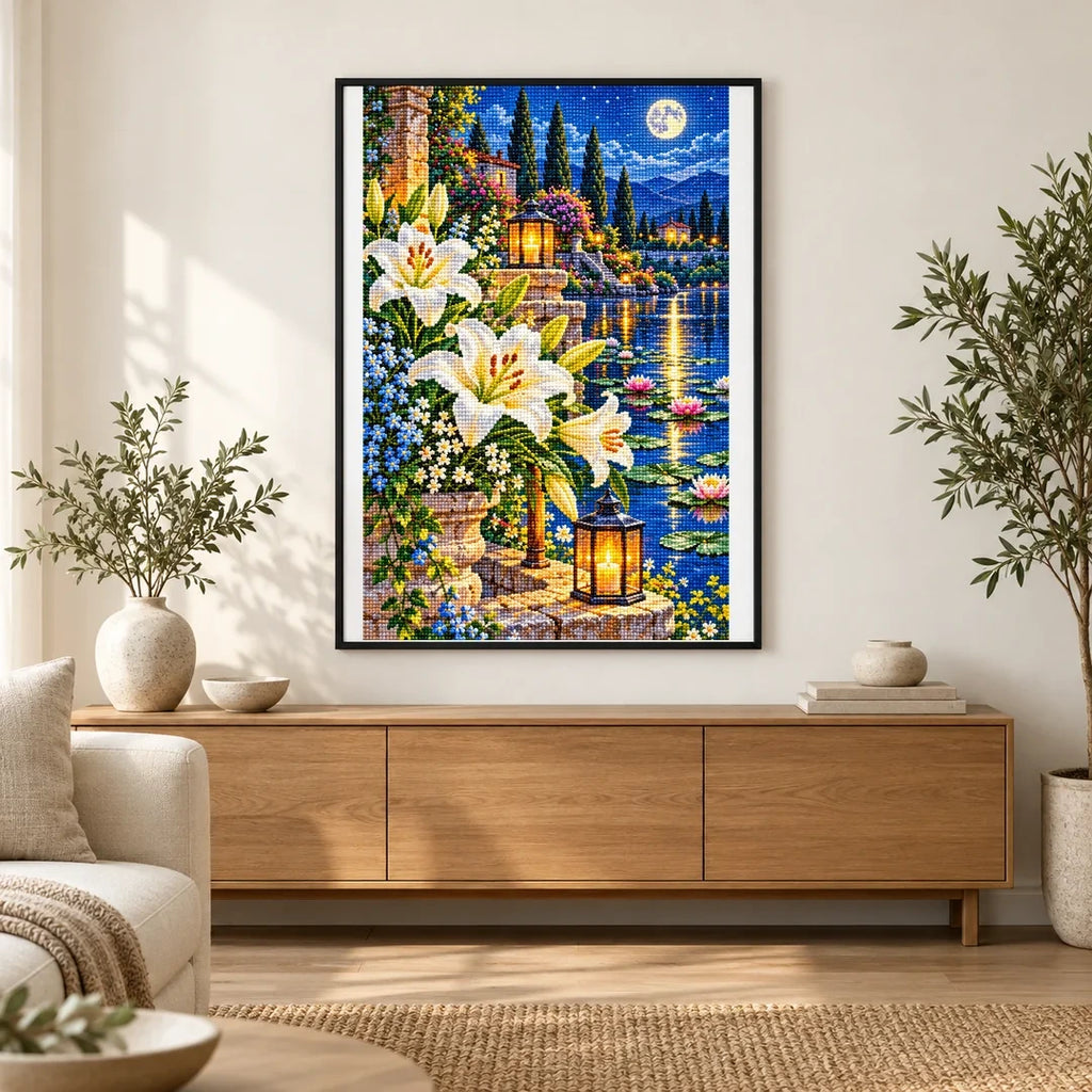 White Lilies Moonlit Pond — finished diamond painting displayed in a home interior