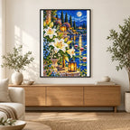 White Lilies Moonlit Pond — finished diamond painting displayed in a home interior