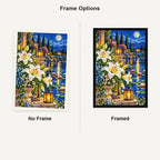 White Lilies Moonlit Pond — No Frame and Framed style comparison