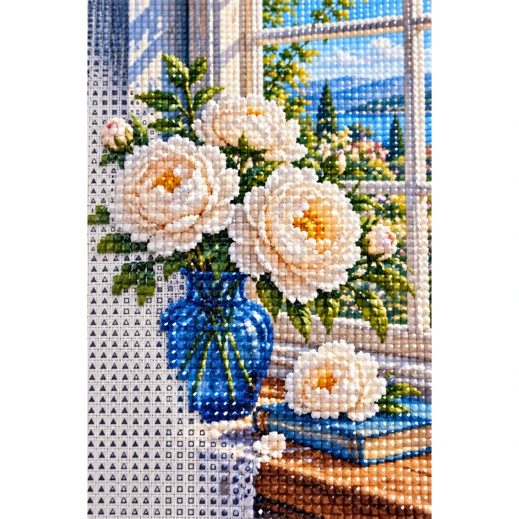 White Peony Blue Vase Diamond Painting Kit diamond and canvas detail