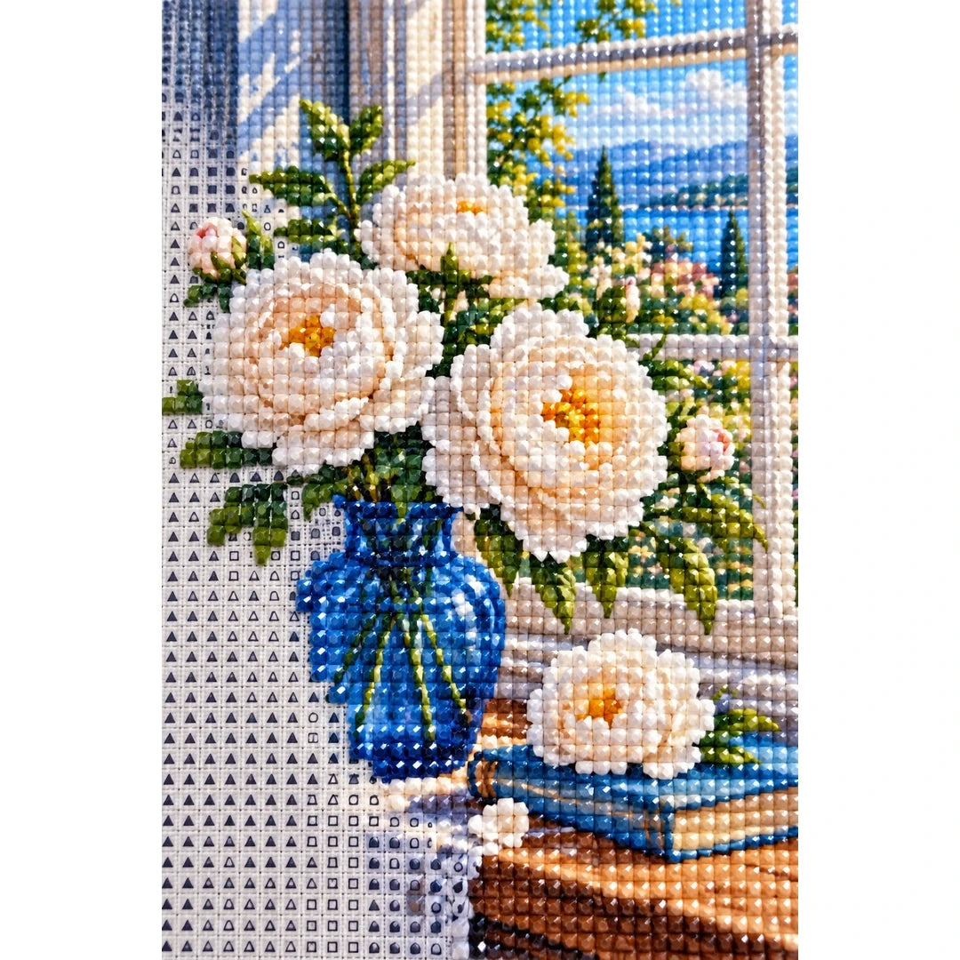 White Peony Blue Vase Diamond Painting Kit diamond and canvas detail