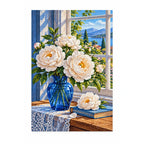 White Peony Blue Vase Diamond Painting Kit finished diamond artwork on white background