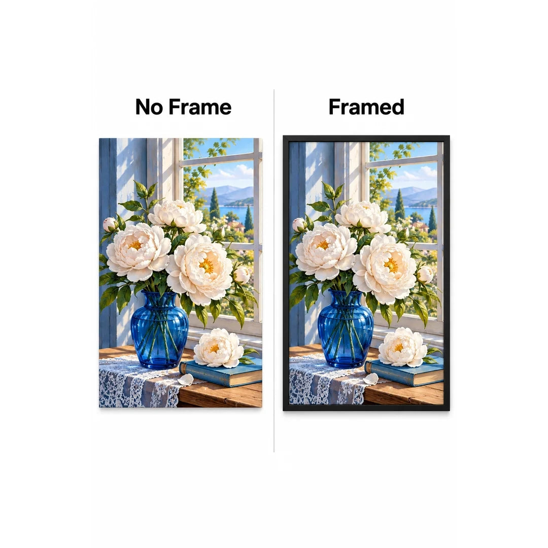 White Peony Blue Vase Diamond Painting Kit No Frame and Framed comparison