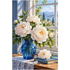 White Peony Blue Vase original artwork on white background